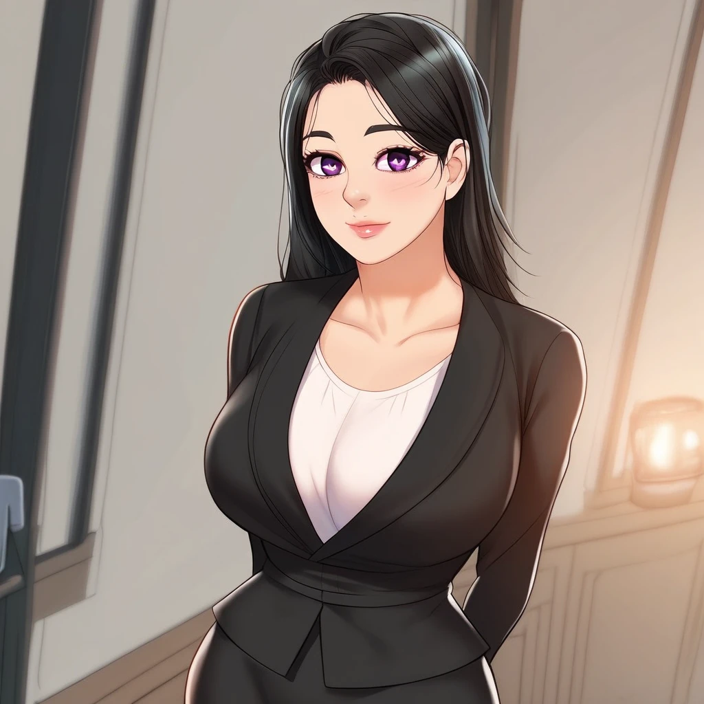 score_9, score_8_up, score_7_up, ASCII masterpiece, source_anime, BREAK, 1girl, solo, (( <lora:eun-jin :1> , eun-jin , thin waist, wide hips, beautiful skin, piercing purple eyes, clear eyes, bright pupils, beautiful eyes, beautiful black hair, beautiful long hair, huge and shaggy breasts, natural beauty, extraordinary beautiful woman, attractive woman, super sexy woman, lustful body, sexy woman with seductive obscene body, sensual body, voluptuous body, sexy beauty, no piercings, no piercing, )) , makeup, ((formal, black suit jacket, white top, black pencil skirt, )) , indoors, shiny clothes, shiny skin, night club, erotic bar, classy decorations, cowboy shot, from above, looking at viewer, hands behind back, (detailed face, detailed eyes), delicate features, soft lighting, seducative smile, cute and sexy, very detailed, high detailed texture, uncensored, rare view,