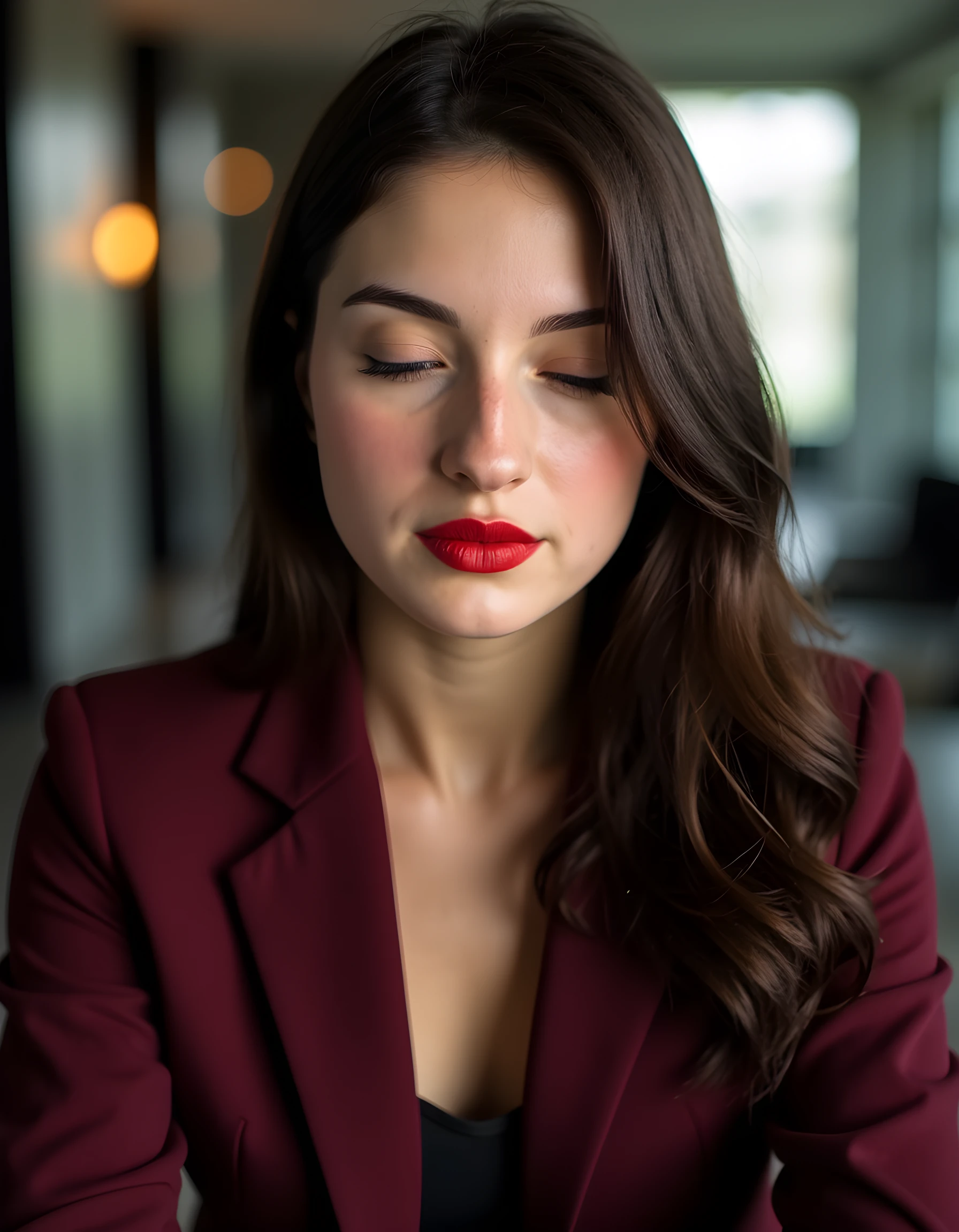 M4R14V, In a dimly lit, high-end corporate conference room, the image captures a stunning young woman in a striking business casual ensemble. Her eyes, dark as rich espresso beans, are closed, framed by thick, luscious brown hair cascading over her shoulders. A single strand of hair falls gently across her cheek, accentuating her delicate features. Her lips are painted a vibrant red, the color contrasting starkly with the serious, deep maroon blazer she wears. The camera angles from below, focusing on her impeccably made-up face, her chin slightly tilted, exuding an air of quiet determination and resilience. The background is blurred, emphasizing the foreground and the woman's intense gaze, as if she's about to take on the world with confidence and grace.