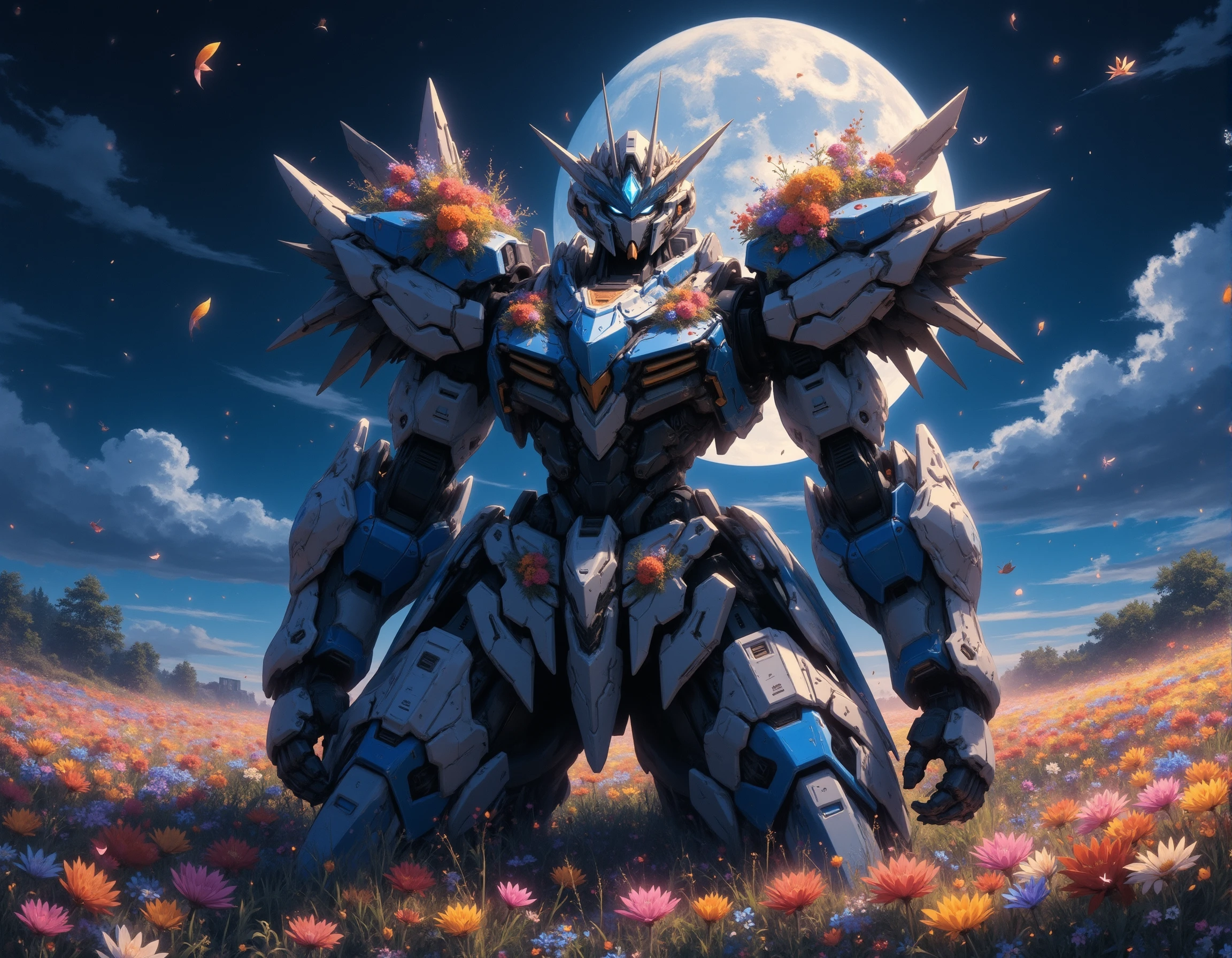 fluxmecha,A blue and white broken mech knelt in the middle of an endless sea of flowers, its body covered with colourful flowers, its arms crippled and surface rusted as if it had stood here from a century ago, behind it was the huge full moon, its petals fluttering in the wind, the night