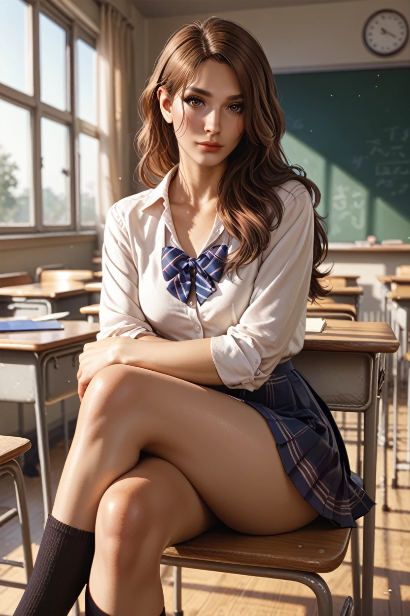 score_9, score_8_up, score_7_up, score_6_up
<lora:DD2Wilhelmina:0.8>
DD2Wilhelmina, 1girl, brown hair, brown eyes, long hair, looking at viewer, school uniform, classroom, sitting, crossed legs, on desk