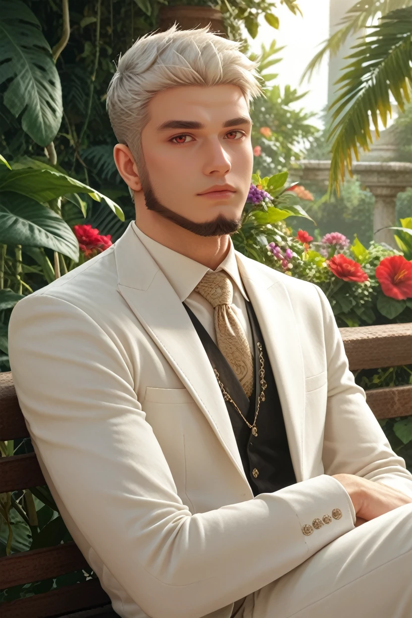 score_9, score_8_up, score_7_up,
<lora:CBGoro:0.8>
CBGoro, 1boy, white hair, short hair, beard, red eyes, looking at viewer, sitting on a stone bench in a Mediterranean courtyard, wearing a light linen suit, vines and flowers around, warm sunlight, elegant and relaxed mood