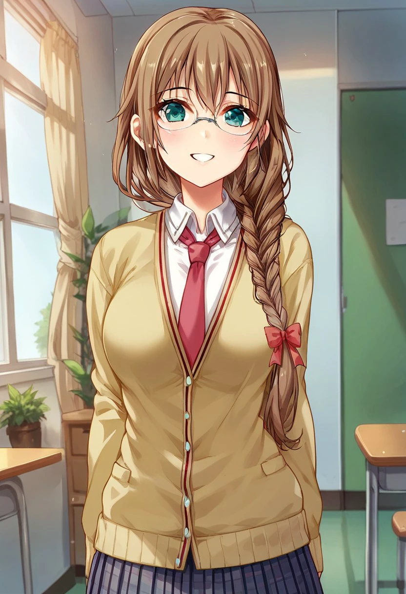 score_9, score_8_up, score_7_up, source_anime, indoors, 1girl, solo,looking at viewer, happy,green eyes,brown hair, long hair, glasses,braid,single braid,hair over shoulder, school uniform, cardigan,red necktie,skirt,pleated skirt, plaid skirt,bare legs,white shirt.indoors, home background, hair bow, stand up