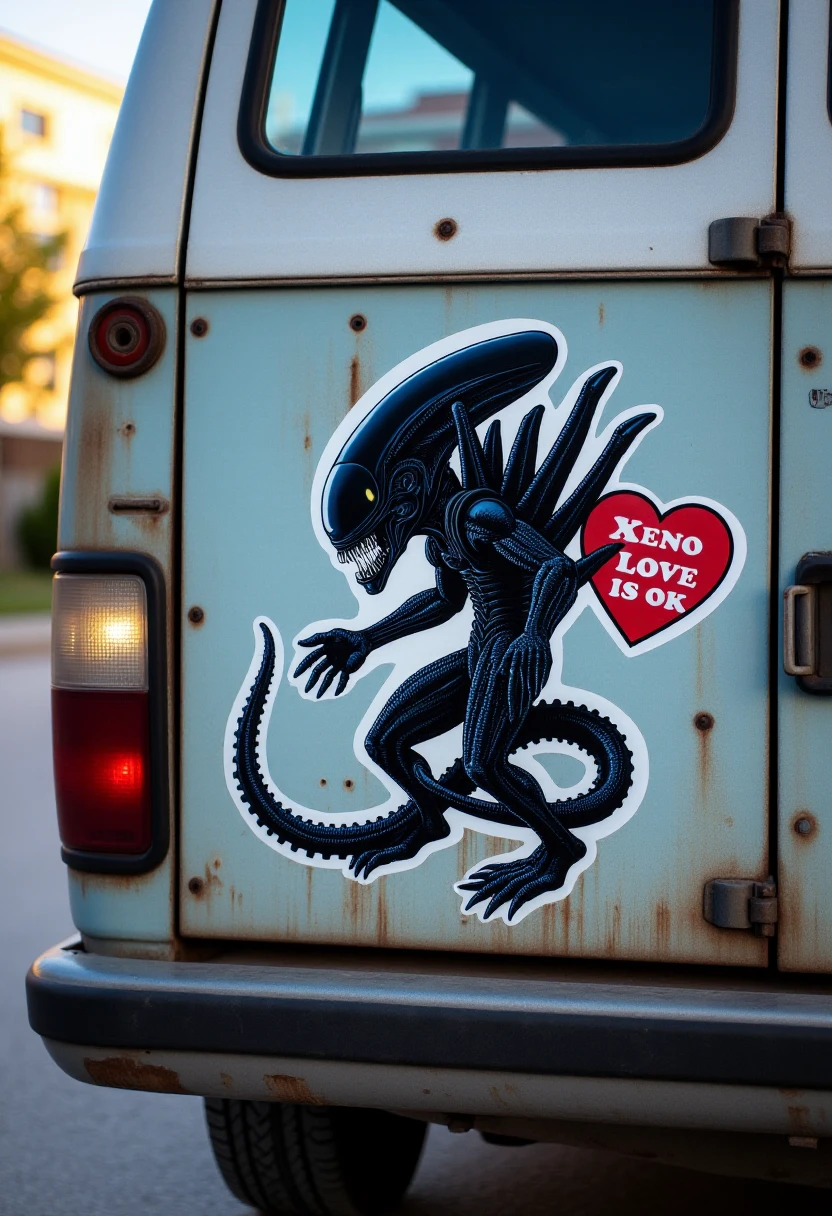 <lora:Bumper_Sticker_Slapper_FLUX:0.6>
The image is a photograph of the rear side of a van, specifically the area around the rear door. The van's exterior features a large, colorful, and detailed decal of the Xenomorph from the Alien franchise accompanied by the text "Xeno Love is OK" with hearts around the xenomorph. The Xenomorph is depicted in its iconic, predatory stance, with a long, curved tail, elongated head with a mouth full of sharp teeth, and a distinctive, elongated skull. The creature's body is sleek and muscular, with a dark, almost black coloration that blends into the van's original color, which appears to be a muted blue or gray. 
The van itself is old and worn, with visible rust and corrosion on the lower portion of the rear door and bumper.