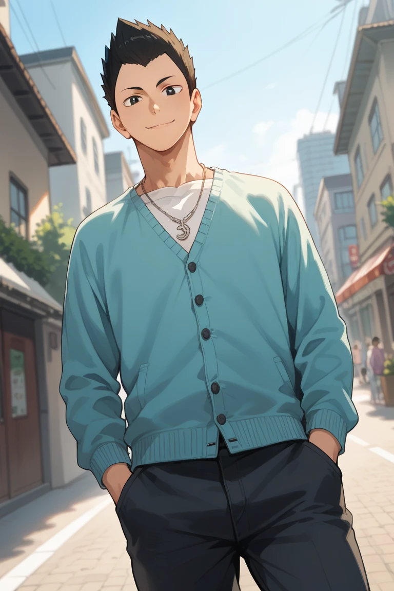 score_9, score_8_up, score_7_up, source_anime, rating_questionable, day, natural lighting, male focus, cowboy shot, looking down at viewer, smiling, happy, KindaichiHU, black_KindaichiHU_spiked hair, black_KindaichiHU_eyes, closed mouth, cardigan, pants, jewelry, necklace, 1boy, blurry outdoors street, scenery, from below, dutch angle, intricately detailed illustration, atmospheric perspective, depth of field