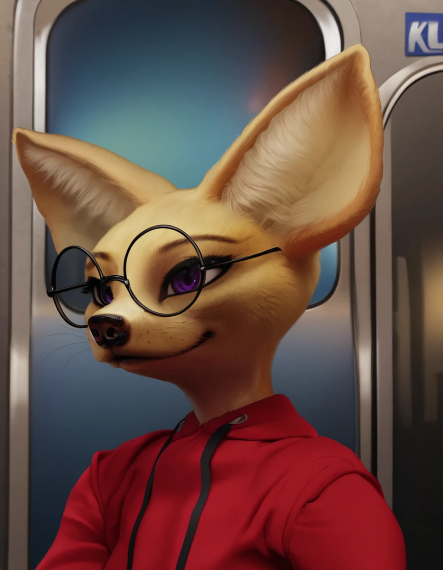 indoors,detailed background,train interior, 
Kelly,1girl,solo,furry female,animal ears,glasses,black-framed eyewear,round eyewear,animal nose,purple eyes,body fur,tail,realistic,fox ears,snout,fox tail,
headshot,seductive smile,red hoodie,parted lips,
<lora:Kelly_v01_PDXL:1>,