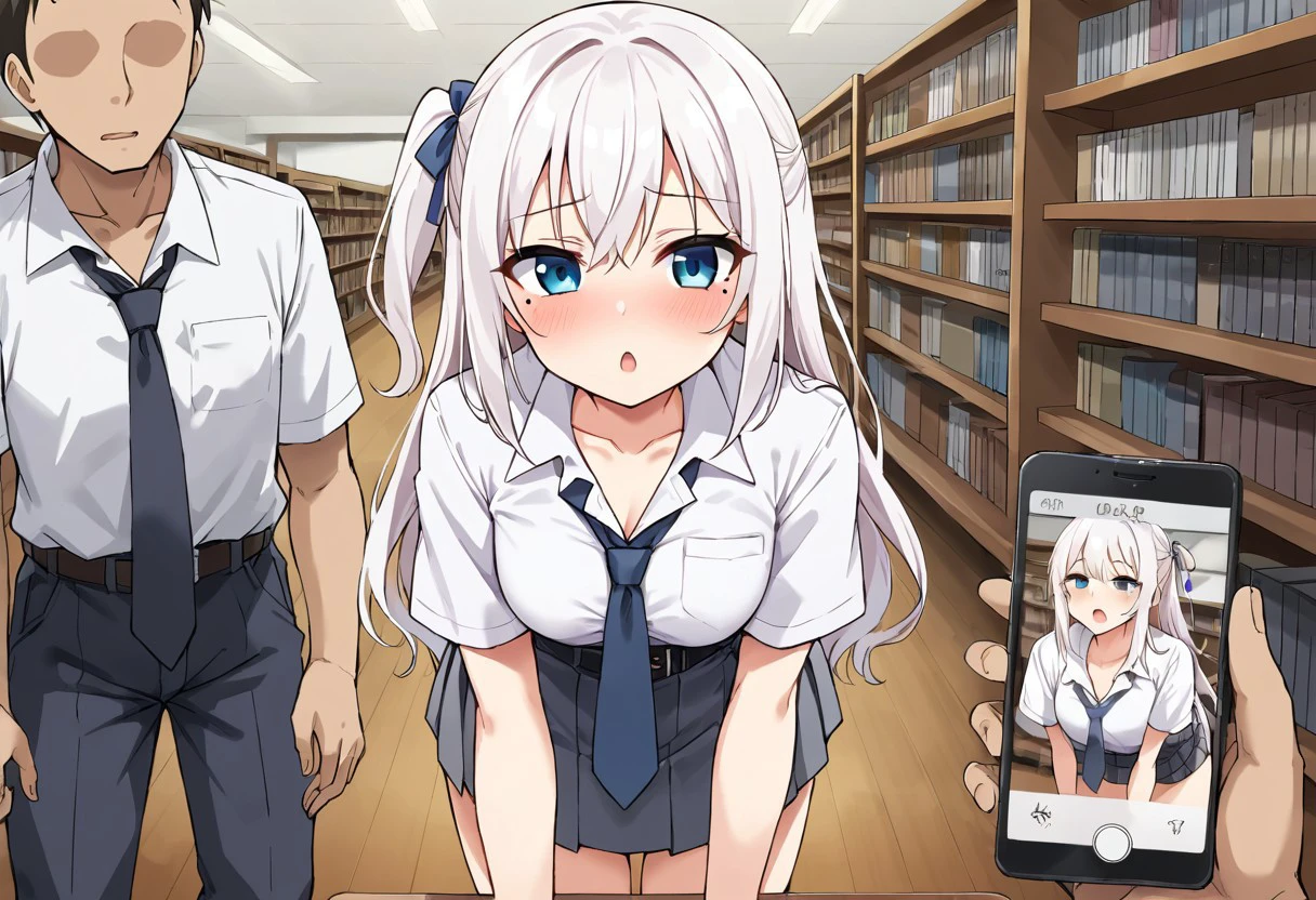 Best quality, perfect body, ultra HD, source anime, cleavege, round medium breast, collarbone,white long hair only,bent over, wavy tip hair,bag, 1girl, belt,tucked in white shirt,gray pleated skirt,school shoe, Thigh high sock, underwear, necktie, ribbon hair tie,mole near eye, library background ,one side up , android phone,nsfw,white hair , petite body ,unexpected Gangbang sex,phone blackmail