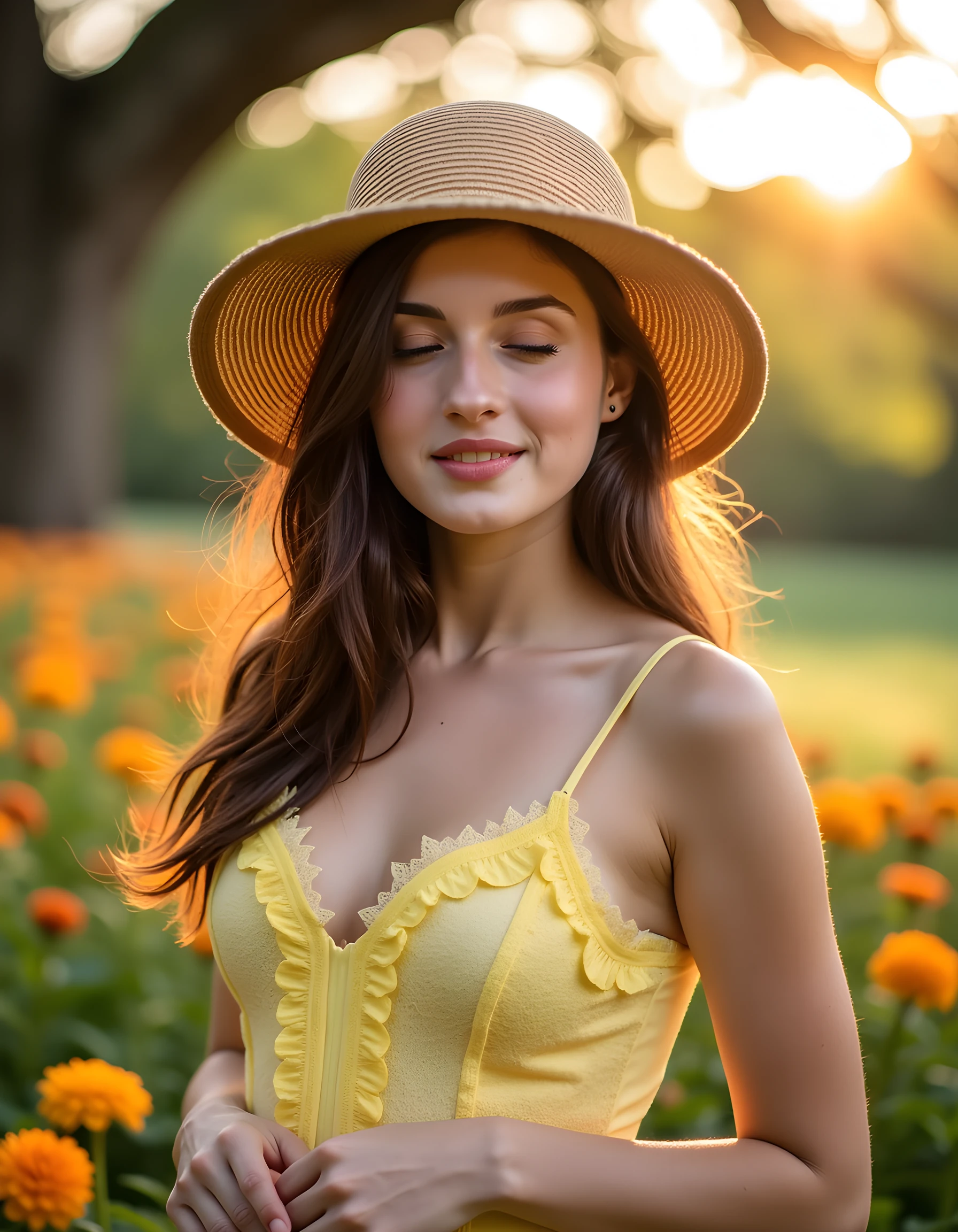 M4R14V, A close-up image of a beautiful young woman, her brown hair cascading down her shoulders as the wind gently whispers through it, adorned in a striking Sunday best outfit of a pastel yellow sundress with lace detailing and matching hat. The image is captured in a realistic yet slightly blurry style, set against an idyllic outdoor backdrop of vibrant flowers blooming in a lush garden, with the sun peeking through the branches of an old oak tree, casting dappled sunlight onto her face. The woman stands confidently with her hands clasped loosely in front of her, her eyes closed as she takes a moment to breathe in the sweet scent of spring, exuding a sense of peace and contentment amidst the bustling world around her.