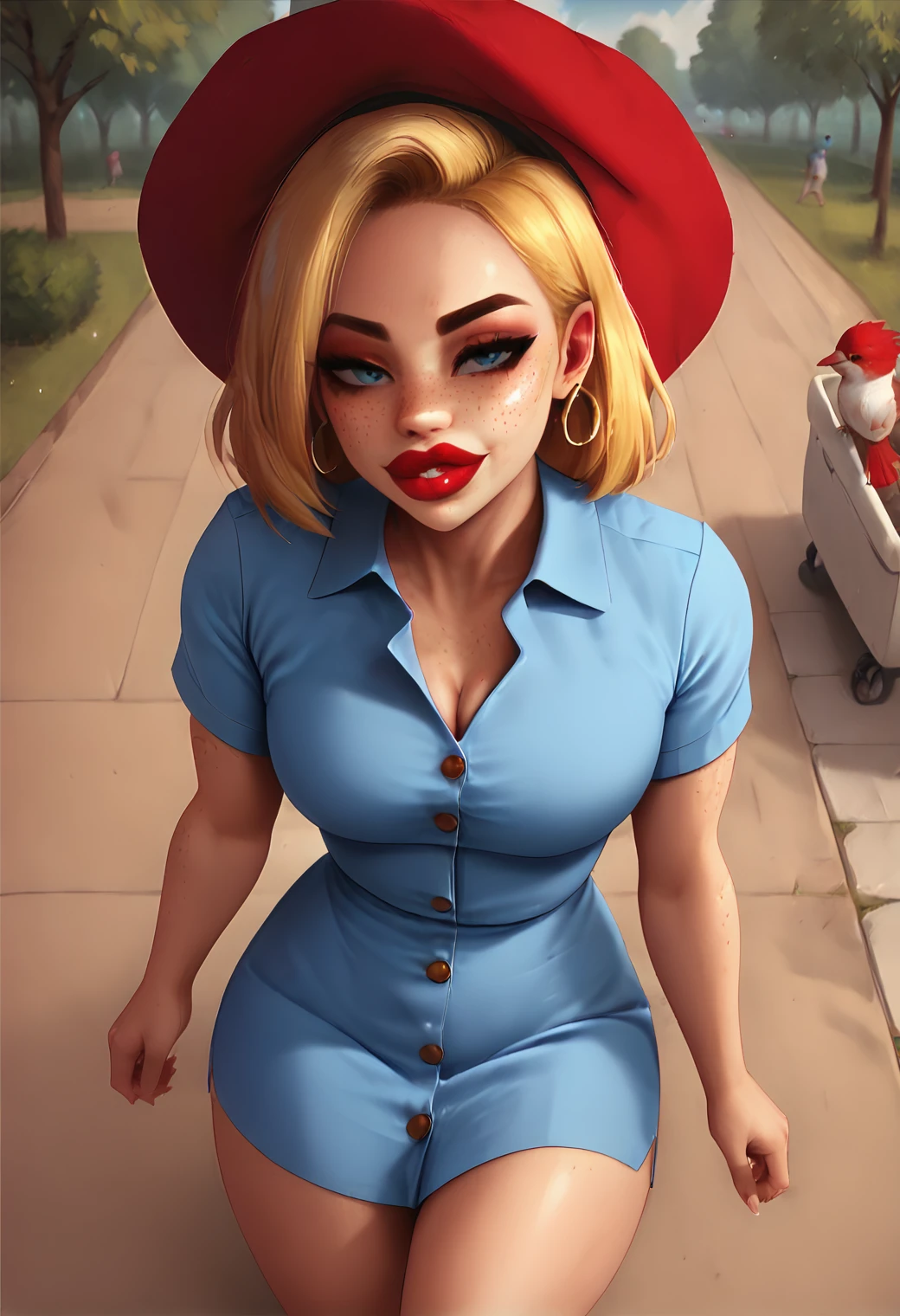 score_9, score_8_up, score_7_up, linda_sinclair, 1girl, freckles, park,  red lips, blonde  asymmetrical bob, short hair, freckles, jewelry, blue dress, shirt-dress, shirt, buttons , short sleeves, looking at viewers, curvy, red hat,, from above, running, birds, hoop earrings <lora:v3_babes1.1_blue_dress:1>