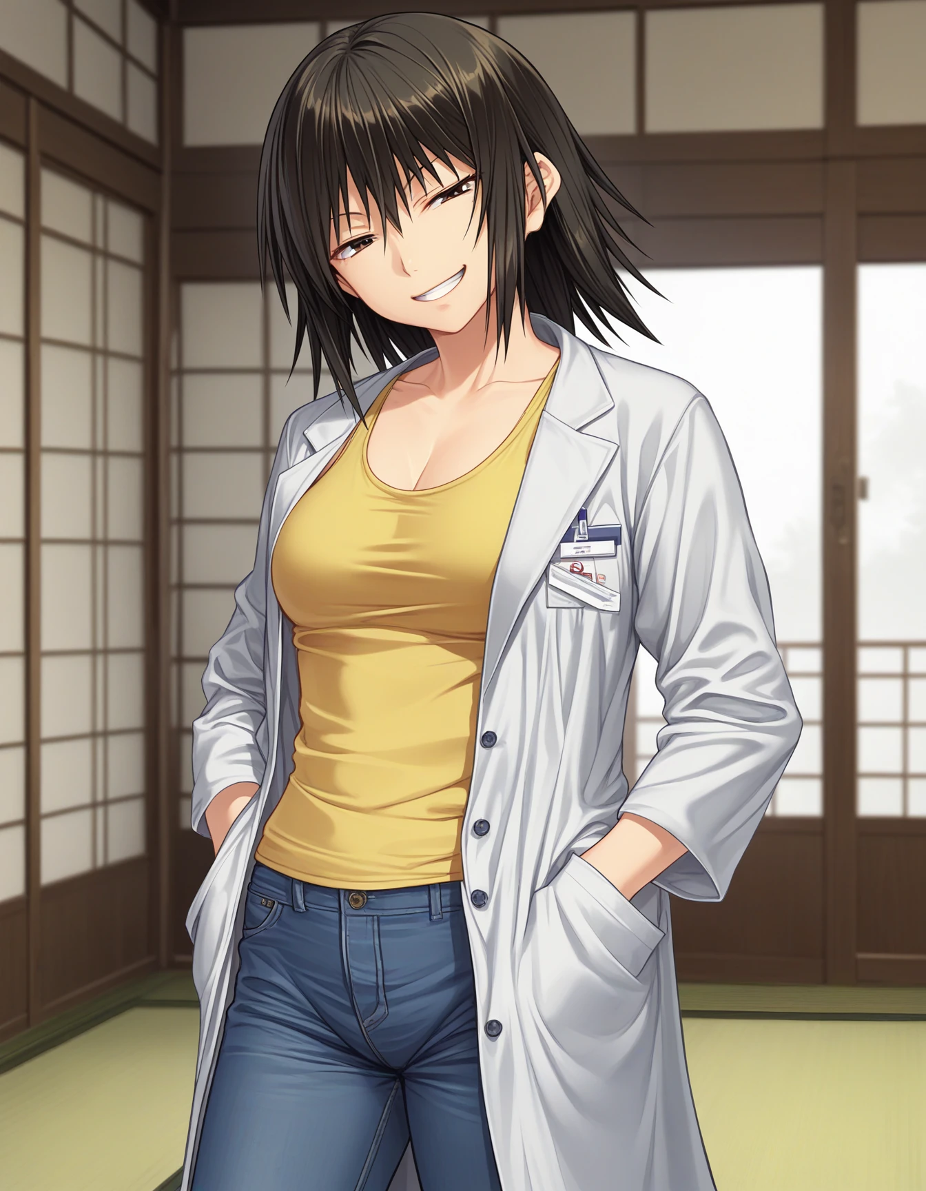 score_9, score_8_up, score_7_up BREAK 1girl, solo, nanba kozue, black hair, medium hair, brown eyes, grin, narrowed eyes, closed mouth, head tilt, yellow tank top, lab coat, jeans, standing, hands in pocket, cowboy shot, shouji, tatami, japanese room, blurry background, depth of field, <lora:nanba_kozue_pdxl_v1:0.8>