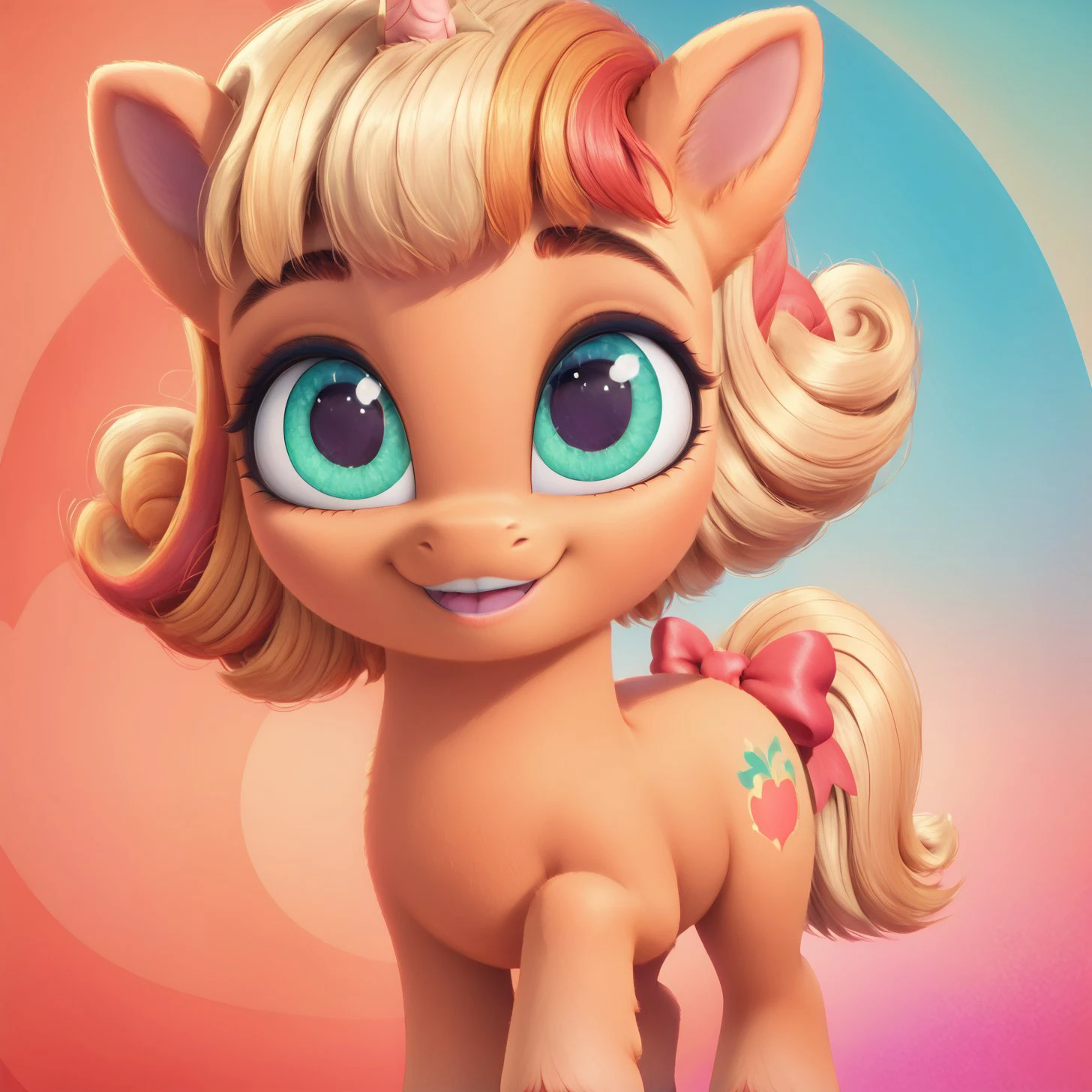 score_9, score_8_up, score_7_up, score_6_up, score_5_up,with beautiful, detailed, (detailed cute pony face), detailed eyes, detailed fur, beautiful, vector, flat colors, (abstract background: 1.8), (looking at you, looking at viewer: 1.5), cute smile, happy, ((close-up)),    <lora:Peach fizz:1>Peach fizz, 
Filly, FULL body
<lora:Wholesome_MLP-v1.2:1>  <lora:3D_Animation_Diffusion_Pony_style:1>