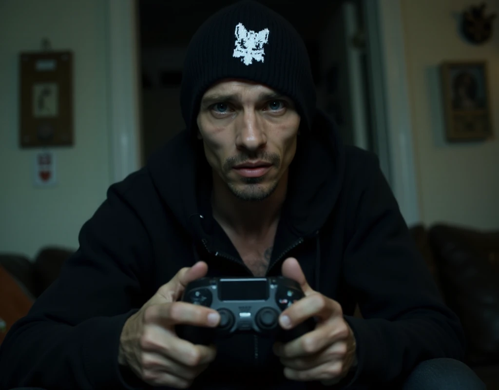 <lora:Skinny_Pete:0.9> skinny pete, a man with facial hair and with a black beanie with a white logo. He plays videogames in a dark and dirty livingroom