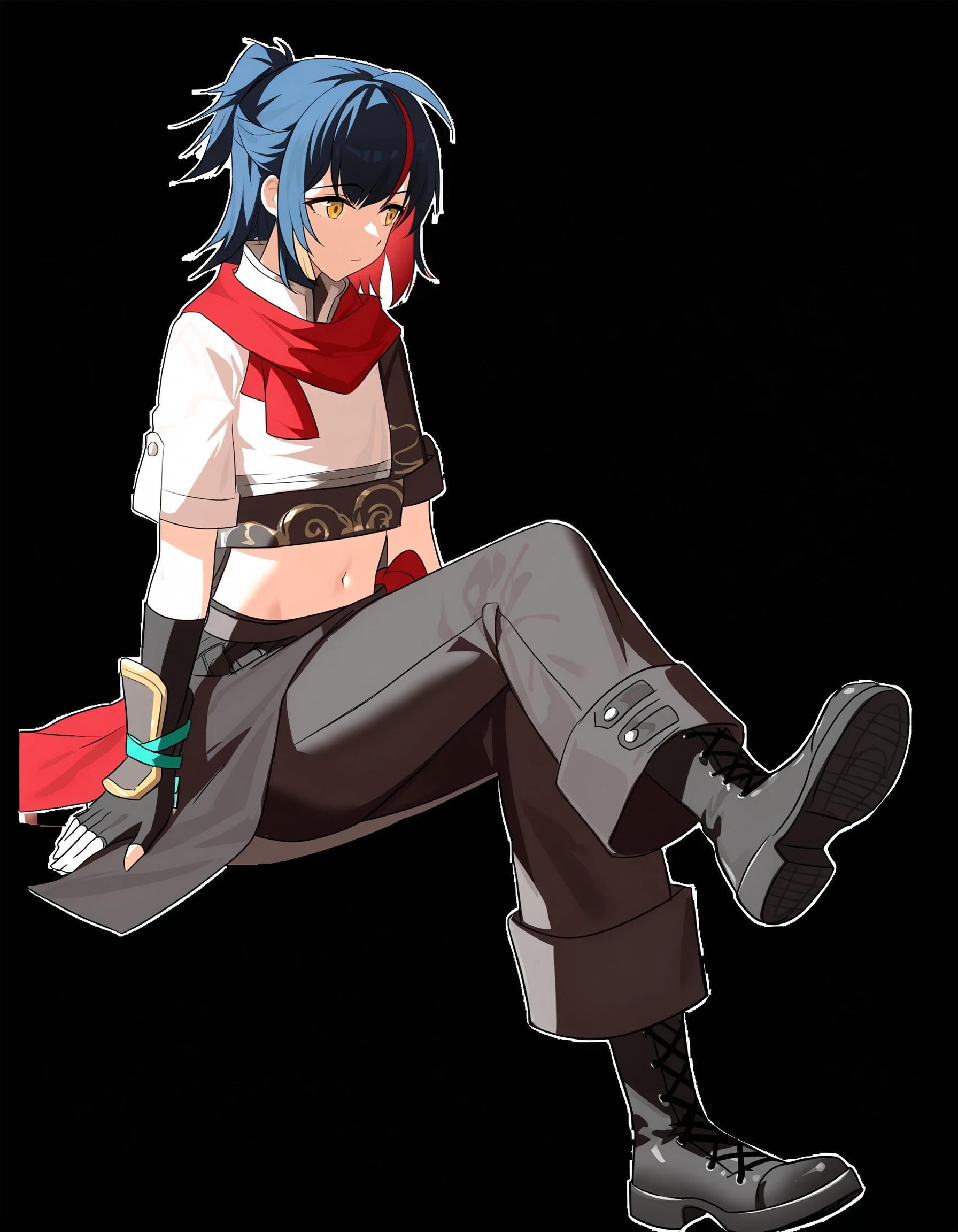 guimo,anotherstyle,1girl,solo,pants,white background,boots,black pants,black footwear,yellow eyes,gloves,white shirt,shirt,black hair,multicolored hair,simple background,sitting,red scarf,black gloves,short sleeves,navel,full body,streaked hair,red hair,scarf,fingerless gloves,shoe soles,midriff,ponytail,blue hair,<lora:guimo_noob>,masterpiece,best quality,very aesthetic,absurdres,