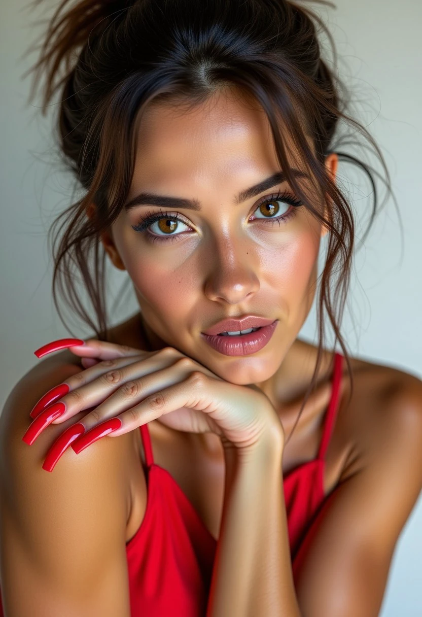 Wide shot of a stunning woman. She rests her chin on her wrist of hand. She has perfectly manicured hand with long acrylic nails. She has very long nails with very long curved tips, square shaped. The nails painted in bright red colour. All the fingernails are detailed. She is without makeup. She's got a hairstyle shaggy messy bun. The image style is highly detailed. The lighting is bright.