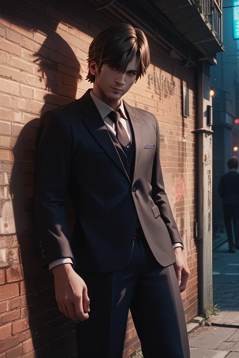 score_9, score_8_up, score_7_up,
<lora:SHMurphy:0.8>
SHMurphy, 1boy, brown hair, short hair, looking at viewer, In a dimly lit urban alley, tailored black suit, ambient neon lights casting shadows, leaning confidently against a brick wall