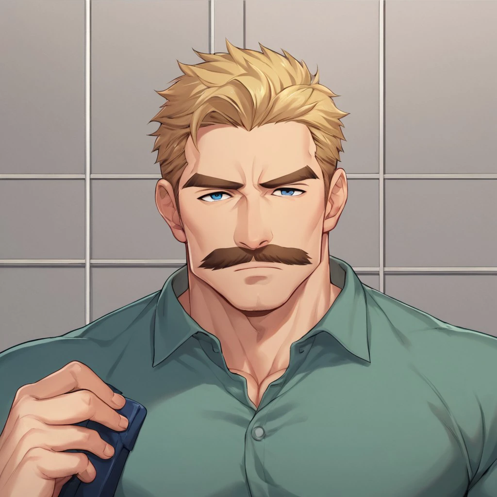 score_9, score_8_up, score_7_up, ducka, solo, looking at viewer, short hair, blue eyes, blonde hair, brown hair, shirt, 1boy, closed mouth, upper body, collared shirt, indoors, facial hair, thick eyebrows, blue shirt, muscular male, portrait, bara, meme, mature male, green shirt, mustache, comic background, big muscles, male focus