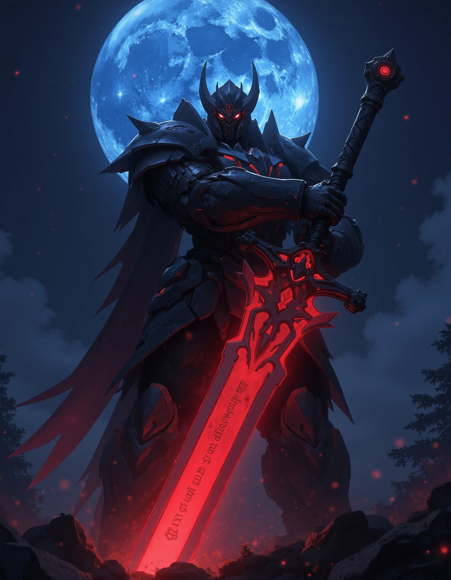 fluxmecha,A warrior mech stands in the night, holding a huge sword engraved with runes. The sword emits a dazzling red light, and behind it is a huge blue moon.