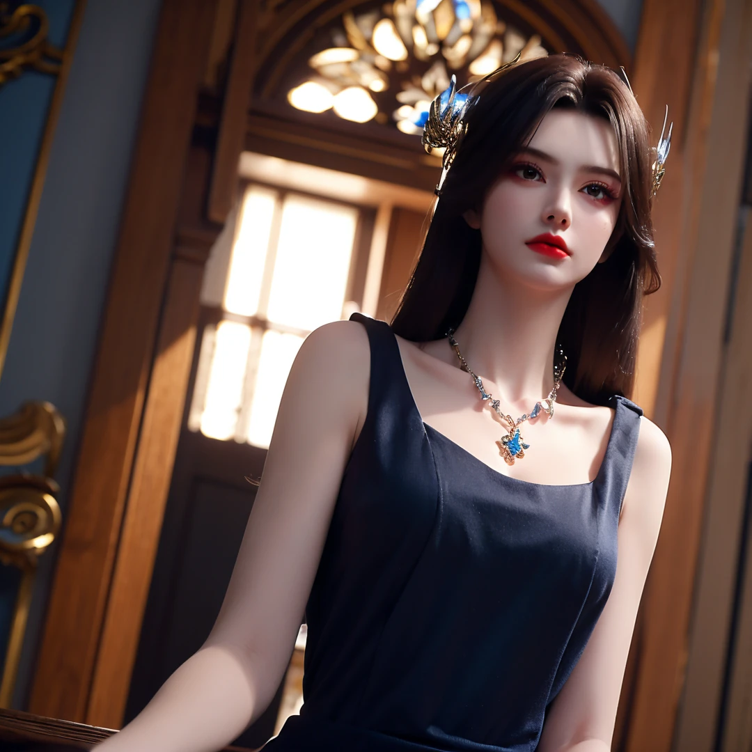 1girl,solo,long hair,black hair,brown eyes,eyelashes,(eyeshadow),makeup,red lips,((frown)),(long blue dress),(hair ornament),jewelry,necklace,looking at viewer,indoors,windows,((sunlight)),((glowing)),upper body,from below,depth of field,Highly detailed,(ultra-detailed),(best quality:1.5,masterpiece:1.5),<lora:caoying:0.75>,