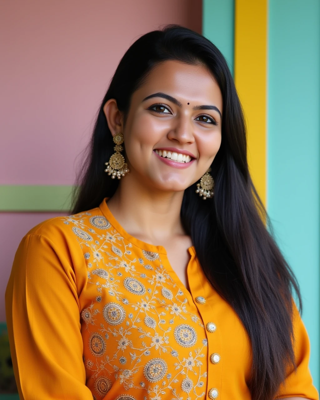 headshot photo of Aparna Das woman,candid photo with natural colors, grinning expression on face,studio quality, wearing intricate conservative long sleeved Ochre Kurti with Leggings, straight hair, pastel shaded multicolored background, cinematic soft lighting<lora:TestBed\Aparna_Das_2024_Flux_Kohya_V1.safetensors:1.0:1.0>