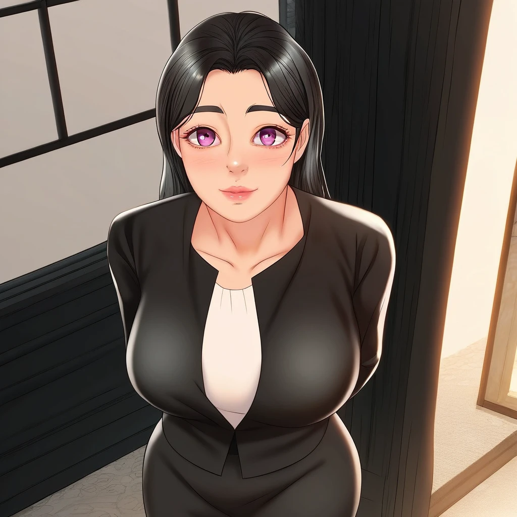 score_9, score_8_up, score_7_up, ASCII masterpiece, source_anime, BREAK, 1girl, solo, (( <lora:eun-jin :1> , eun-jin , thin waist, wide hips, beautiful skin, piercing purple eyes, clear eyes, bright pupils, beautiful eyes, beautiful black hair, beautiful long hair, huge and shaggy breasts, natural beauty, extraordinary beautiful woman, attractive woman, super sexy woman, lustful body, sexy woman with seductive obscene body, sensual body, voluptuous body, sexy beauty, no piercings, no piercing, )) , makeup, ((formal, black suit jacket, white top, black pencil skirt, )) , indoors, shiny clothes, shiny skin, night club, erotic bar, classy decorations, cowboy shot, from above, looking at viewer, hands behind back, (detailed face, detailed eyes), delicate features, soft lighting, seducative smile, cute and sexy, very detailed, high detailed texture, uncensored, rare view,