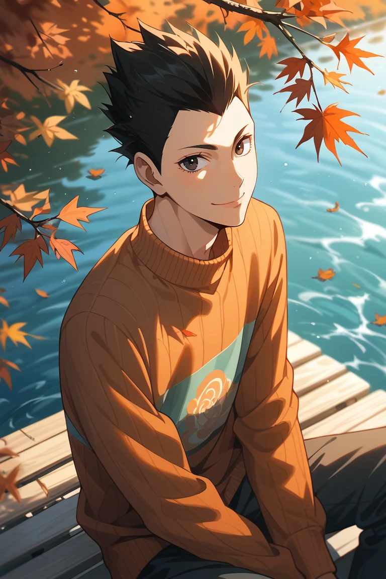 score_9, score_8_up, score_7_up, source_anime, rating_safe, day, natural lighting, autumn theme, autumn leaf, leaves, water, water ripple, male focus, looking up at viewer, sitting, smiling, KindaichiHU, black_KindaichiHU_spiked hair, black_KindaichiHU_eyes, closed mouth, autumn clothes, sweater, pants, manly, 1boy, blurry outdoors, from above, dutch angle, intricately detailed illustration, atmospheric perspective, depth of field