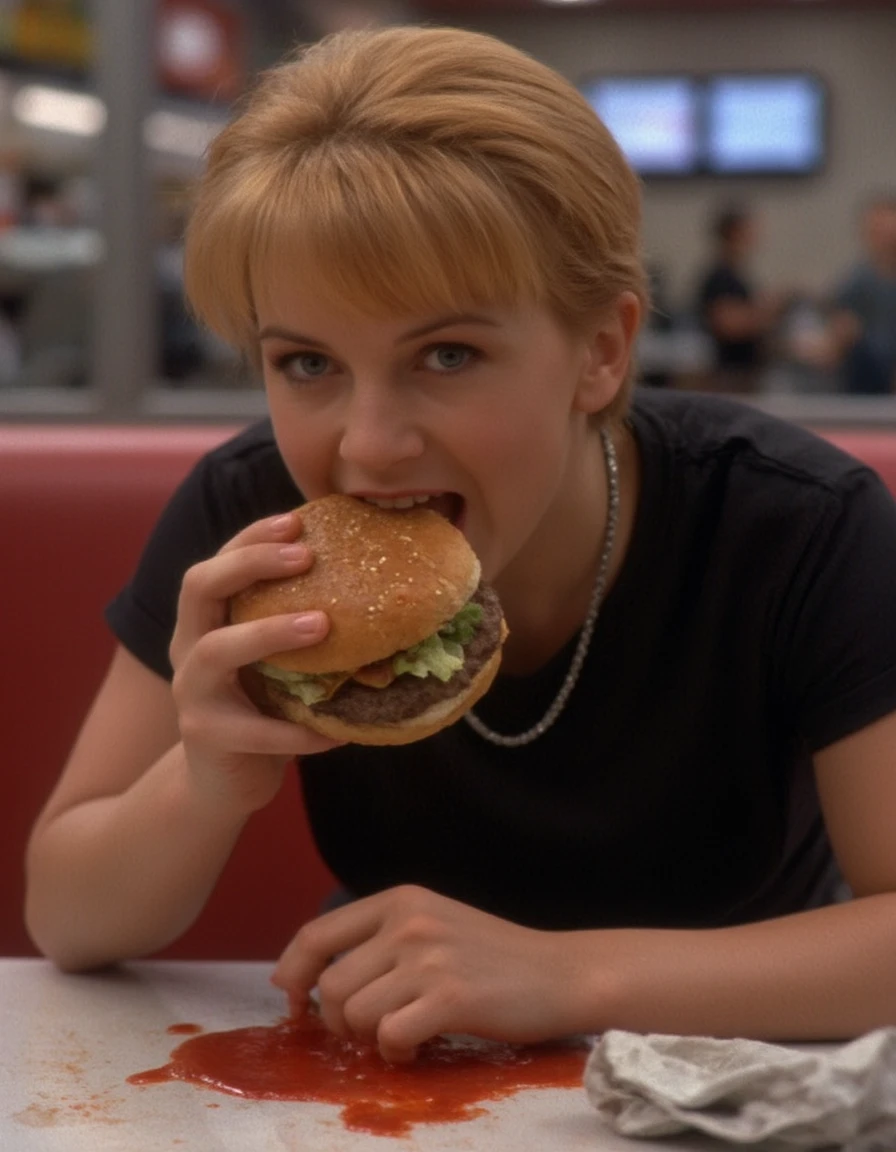 gabrielle, short hair, gabrielle-eyes, xena-style, wearing a black t-shirt and a silver necklace, taking a bite out of a large hamburger at a fast food restaurant, globs of ketchup have fallen onto the table, there is a crumpled napkin to the side  <lora:gabrielle-128:1.2>