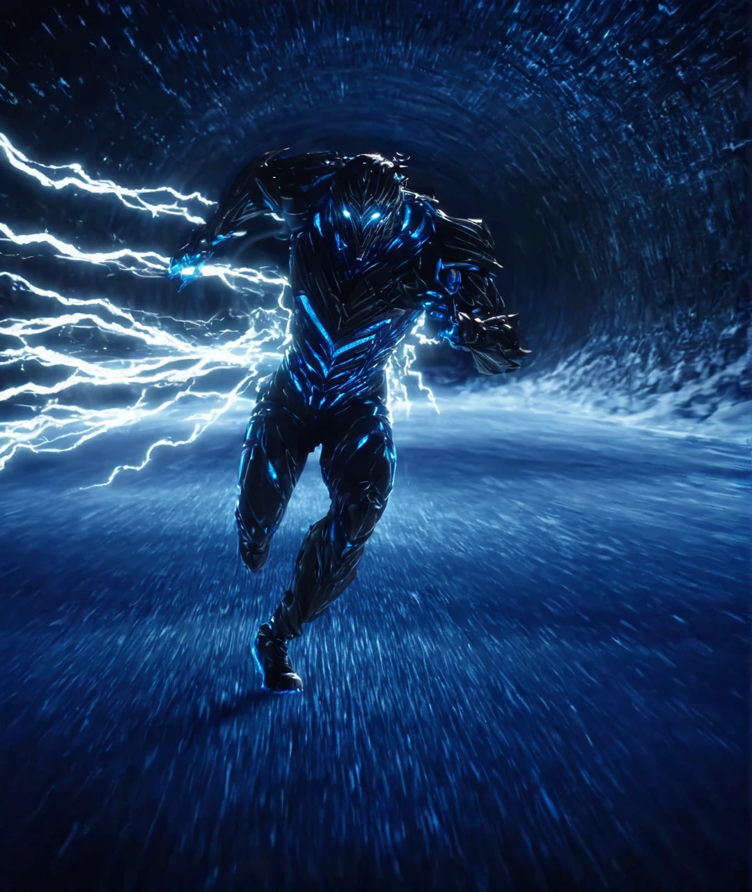 Side view shot,4k sharp detailed Savitar the god of speed running faster than speed of light inside speedforce tunnel and he is emitting a white lightning trail behind him,<lora:Godspeed_XL:1>