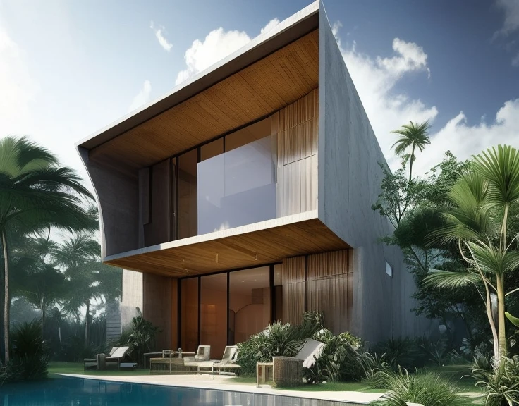 Envision a Zaha Hadid-styled, environmentally-conscious villa nestled within the bustling modern architecture of Tulum, Quintana Roo. As you approach from the entrance, the street view reveals a facade adorned with a vertical bamboo lattice, gracefully contrasting with the stone finish. Large overhangs hint at the interior's coolness, and the surrounding trees whisper tales of nature's embrace.