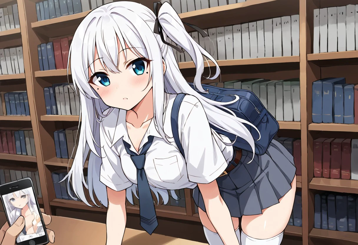 Best quality, perfect body, ultra HD, source anime, cleavege, round medium breast, collarbone,white long hair only,bent over, wavy tip hair,bag, 1girl, belt,tucked in white shirt,gray pleated skirt,school shoe, Thigh high sock, underwear, necktie, ribbon hair tie,mole near eye, library background ,one side up , android phone,nsfw,white hair , ite body ,threatened phone blackmail