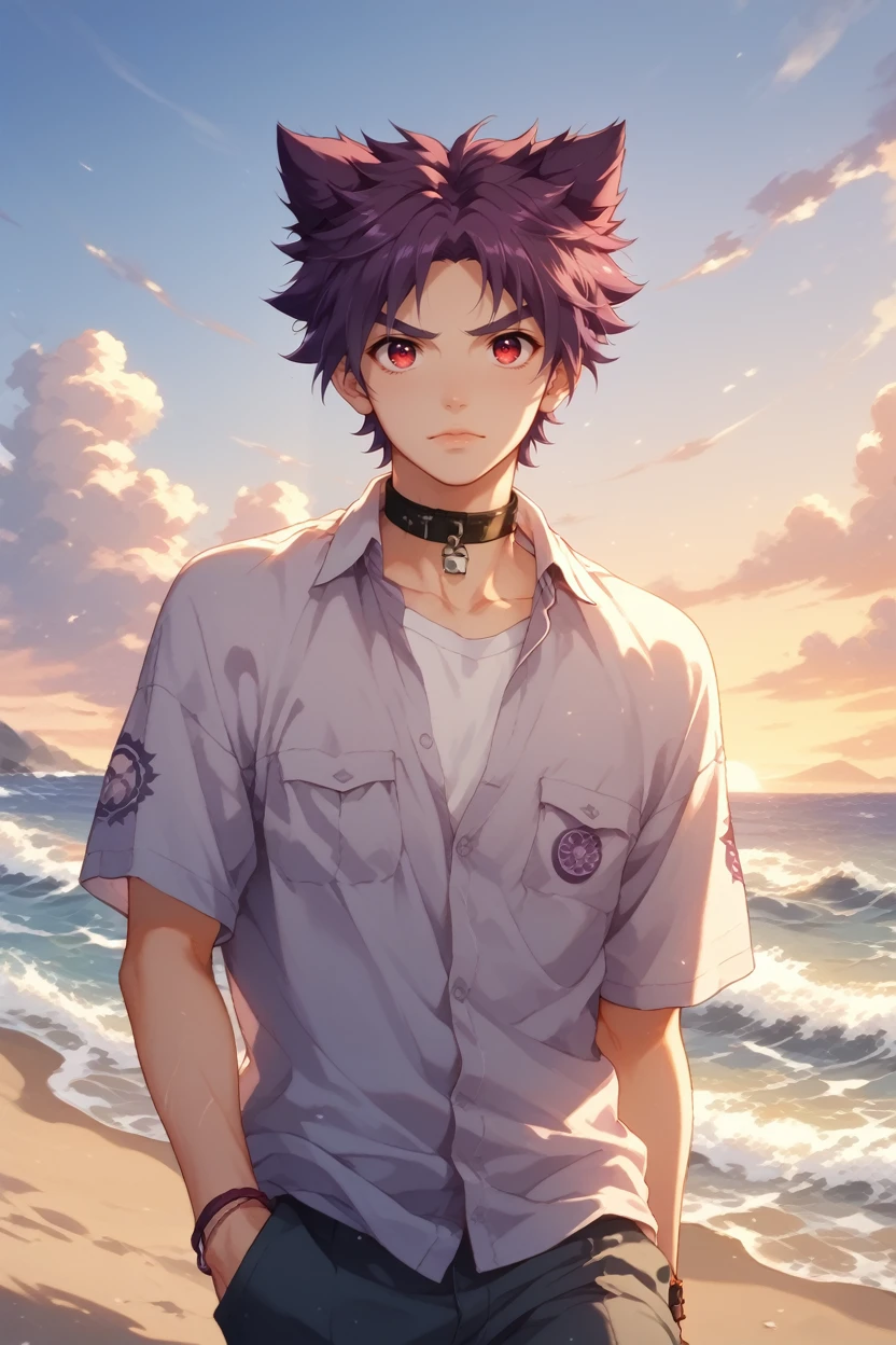 score_9, score_8_up, score_7_up,
<lora:CBYoichi:1.0>
CBYoichi, 1boy, purple hair, short hair, red eyes, cat ears, collar, looking at viewer, walking along a sandy beach at sunset, with waves crashing in the background