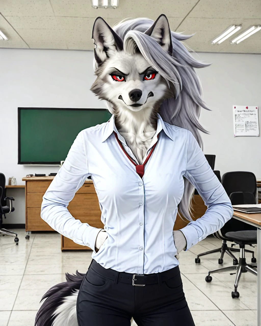 furry, ((masterpiece)), best quality, 1girl, solo, (anthro, wolf), (detailed background, standing, office), (loona, very mad face, annoyed face),  photorealistic,  <lora:Photorealistic_xl:0.7> photo,