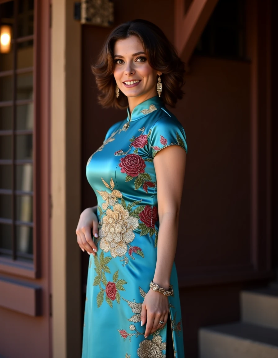 8k hdr photo graph of <lora:rbloomflux1a-000001:1> She has short, wavy brown hair styled in loose curls. a full body photo She is wearing a Cheongsam made of electric blue silk with elaborate flower design on it. She is standing in a seductive pose with a sly smile outside an old west tavern that has asian influences on it.