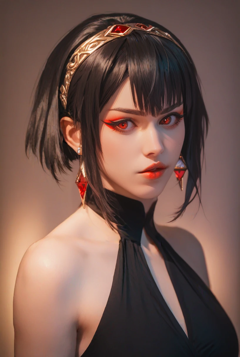 score_9, score_8_up, score_7_up, BREAK, upperbody, 1girl, shirosama, long black hair, bangs, pale skin, parted lips, cosplay, red eye contacts, black dress, hairband, gold jewerly, earrings, photoshoot, simple background, warm yellow lighting, detailed skin, subsurface scattering, rich color, vibrant, warm lighting, steamy,