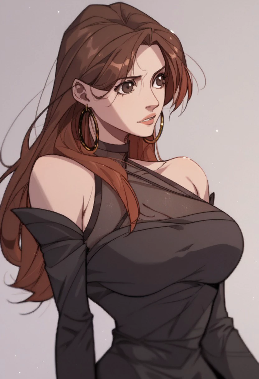 score_9, score_8_up, score_7_up, BREAK, MuQianqian, brown hair, long hair, brown eyes, large breasts, hoop earrings, halterneck, halter dress, bare shoulders, black dress, tight dress, short dress, detached sleeves, 1girl, solo,