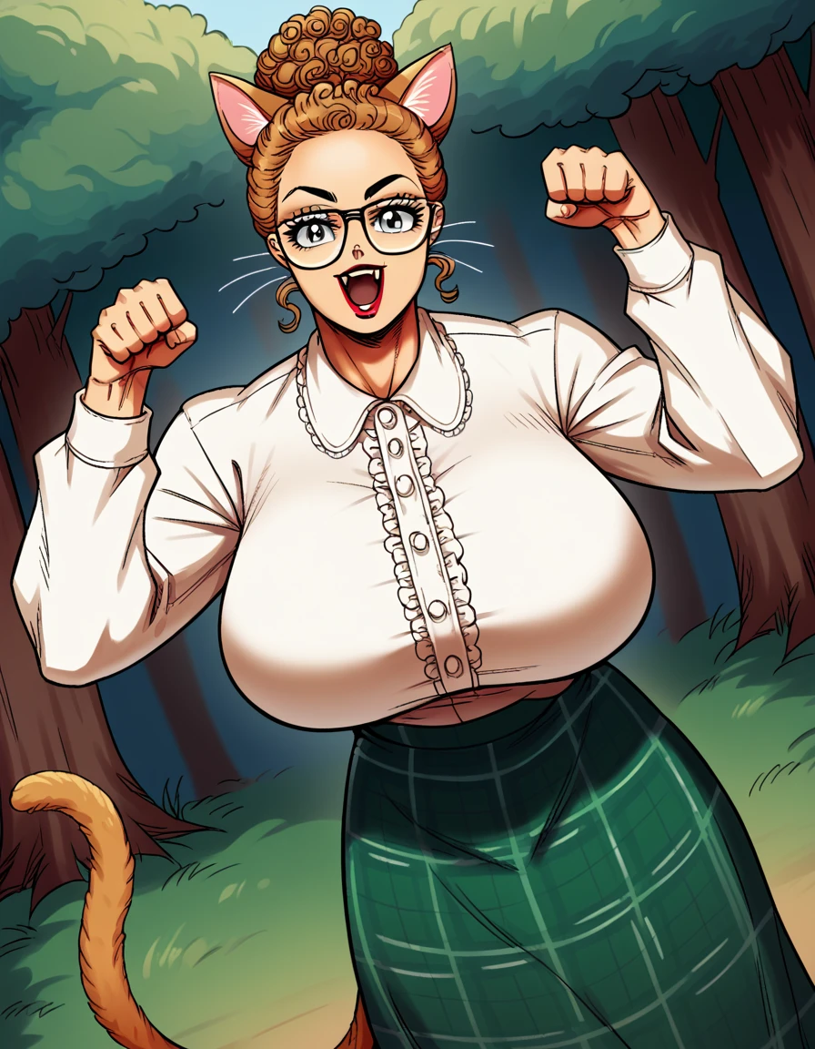 score_9, score_8_up, score_7_up, source_anime, <lora:naked-justice-ponyxl-lora-nochekaiser:1>, naked justice, light brown hair, glasses, hair bun, single hair bun, lipstick, grey eyes, curly hair,, skirt, shirt, white shirt, huge breasts, plaid, plaid skirt, green skirt, long skirt, frills, centered fills, long sleeves,, forest, trees, foliage, wildlife, greenery, , <lora:paw-pose-ponyxl-lora-nochekaiser:1>, paw pose, cat ears, cat tail, animal ears, tail, cat girl, open mouth, fang, whiskers,, looking at viewer, solo,, dutch angle, cowboy shot