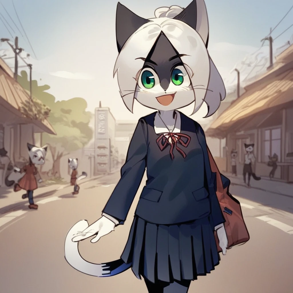 score_9, score_8_up, score_8, score_7, source_cartoon, source_furry, perfect hands, easynegative, Expressiveh, Solo, 1girl, cat, catgirl, anthro, female furry, black and white fur, white hair, green eyes, Japanese schoolgirl uniform, happy, smiling, walking down the sideways, neighborhood setting,