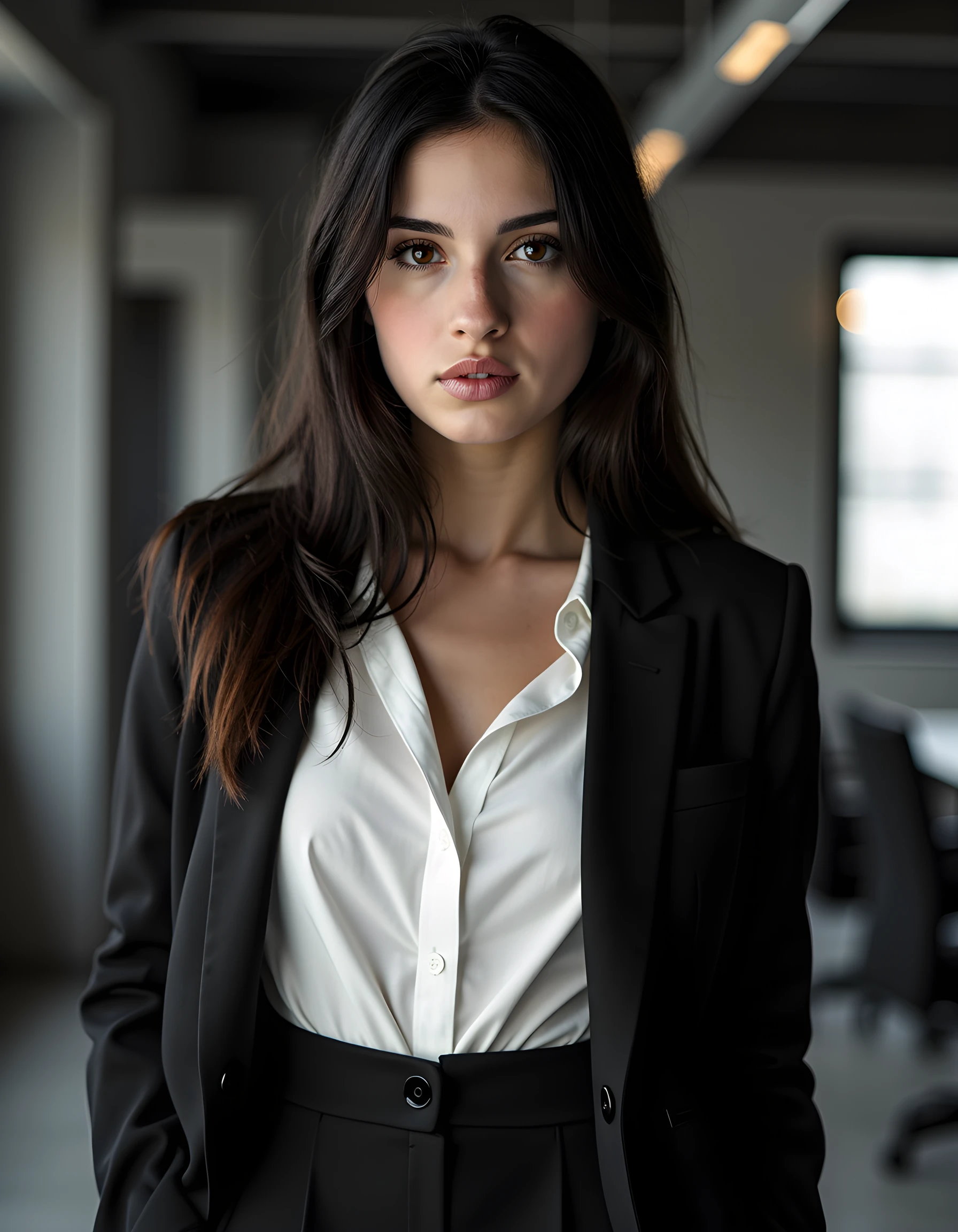 M4R14V, In a high-contrast, moody monochrome setting of a dimly lit, contemporary urban office space, a beautiful young woman with black hair cascading down to her shoulders and brown eyes piercing through the shadows, is captured in an intimate close-up. Her impeccable business casual attire, consisting of a tailored blazer, crisp white shirt, and high-waisted trousers, contrasts sharply against the cold gray tones of the office background. Her lips are slightly parted, revealing a set of perfectly aligned, pearly white teeth, as she confidently locks eyes with the viewer, her long brown hair framing her face in soft waves, creating an intense and empowering emotional tone that speaks volumes about her determination and ambition. The image is taken from a low angle, emphasizing the woman's commanding presence and unwavering focus on her professional aspirations.