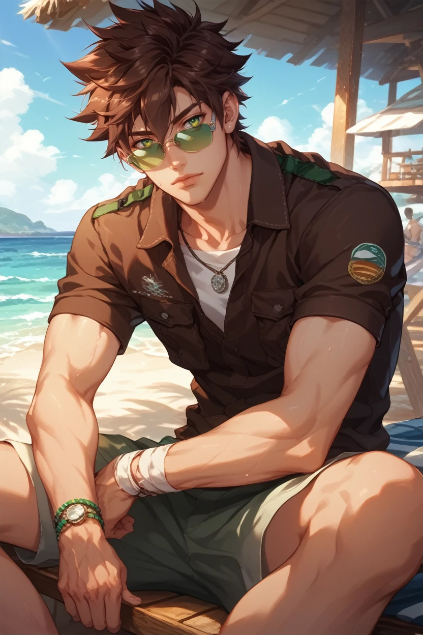 score_9, score_8_up, score_7_up,
<lora:CBKeitaro:0.8>
CBKeitaro, 1boy, brown hair, short hair, green eyes, bandage, looking at viewer, in a casual summer outfit, sitting on the steps of a beach house, sunglasses on, ocean in the background, relaxed and carefree mood