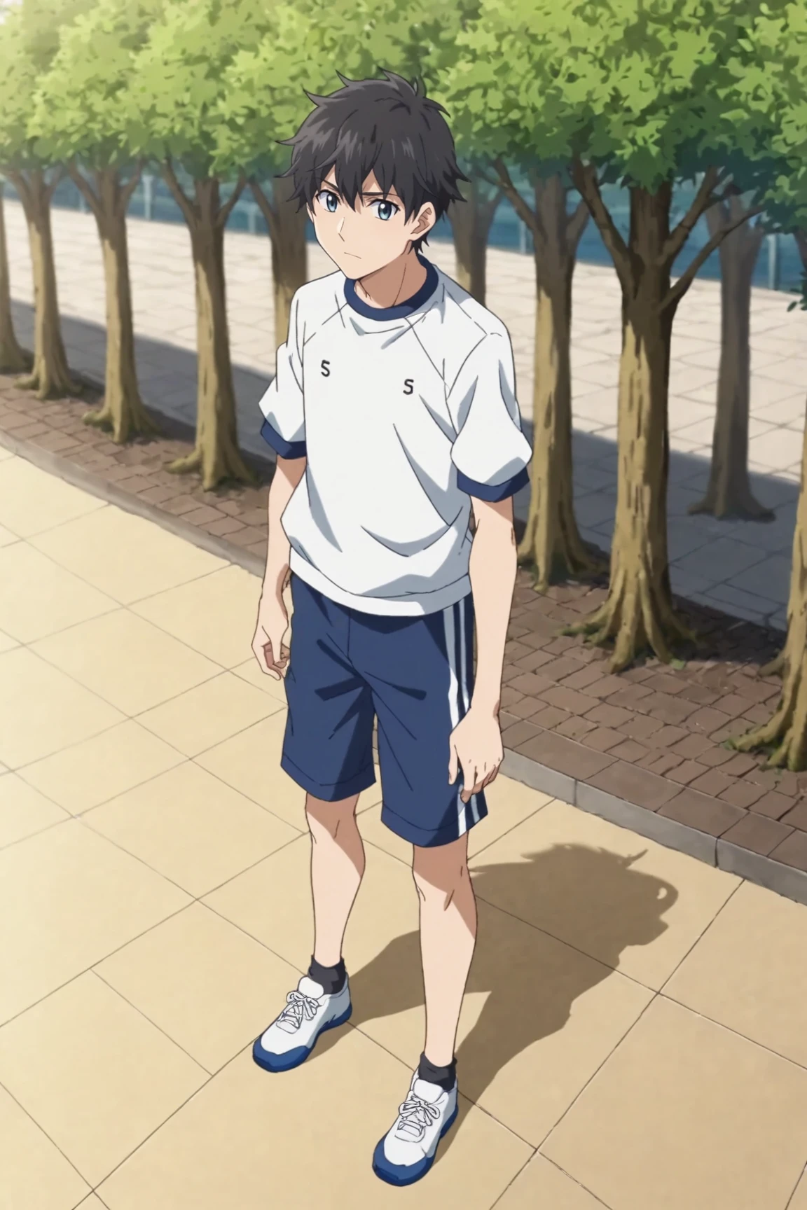 masterpiece, best quality, illustration, 1boy, solo, male focus, looking at viewer, , , <lora:makoto_oda:0.72>, makoto_oda, blue hair, blue eyes, gym uniform,