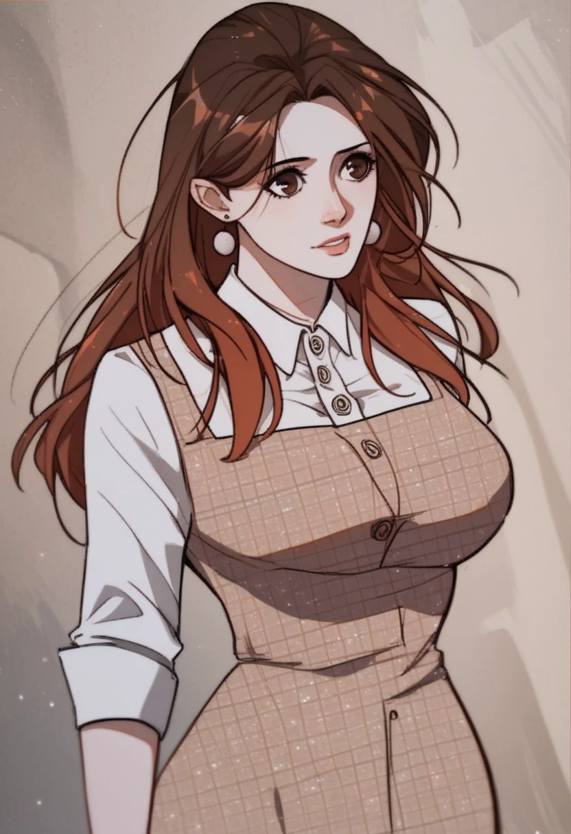 score_9, score_8_up, score_7_up, BREAK, MuQianqian, brown hair, long hair, brown eyes, large breasts, CasualDressBeige, earrings, plaid dress, brown dress, collared shirt, white shirt, dress shirt, 1girl, solo,