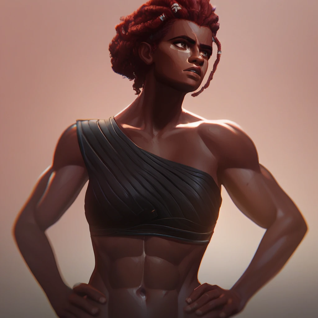 female focus, solo focus, solo, score_9, score_8_up, score_7_up, <lora:AmbessaMedardaOldYoung:1>  AmbessaMedardaYoung, 1 girl, female focus, dark-skinned female, abs, red hair, muscular, dredlocks, brown eyes, hands on hips, hand on hip