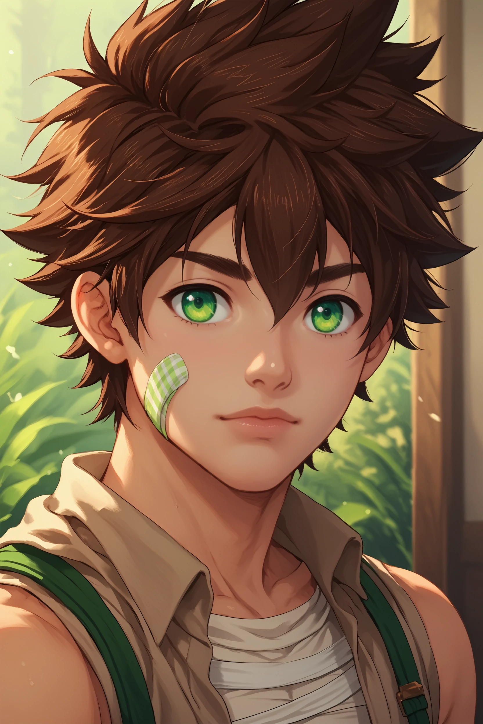 score_9, score_8_up, score_7_up, 
<lora:CBKeitaro:1.0>
CBKeitaro, 1boy, brown hair, short hair, green eyes, bandage, looking at viewer, portrait