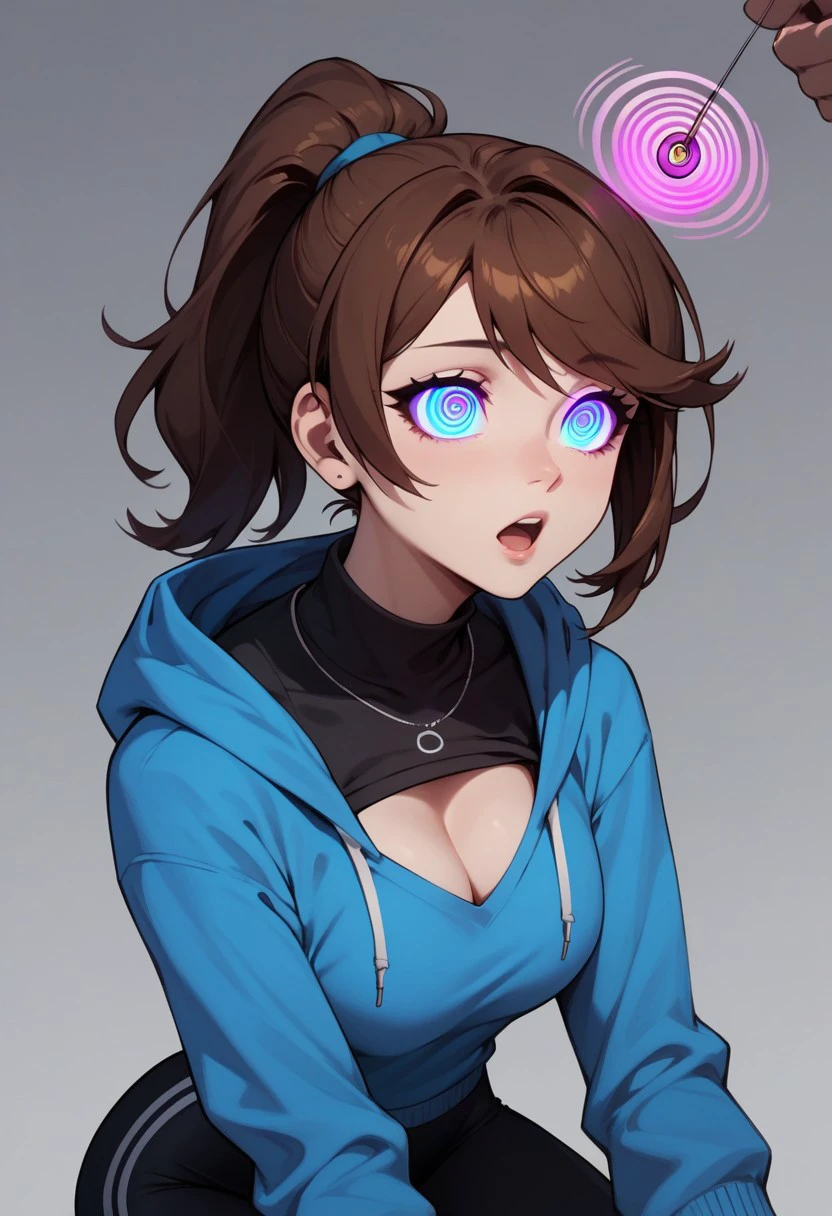 score_9,score_8_up,score_7_up,score_6_up,score_5_up,score_4_up , (hypnosis, mind control), ((empty_eyes)), 1girl, blank stare, open mouth, sultry, swept bangs, brown ponytail, blue sweater, black shirt, cleavage, black yoga pants, long eyelashes,