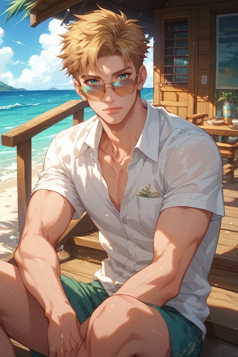 score_9, score_8_up, score_7_up,
<lora:CBYoshino:0.8>
CBYoshino, 1boy, blonde hair, short hair, green eyes, looking at viewer, in a casual summer outfit, sitting on the steps of a beach house, sunglasses on, ocean in the background, relaxed and carefree mood