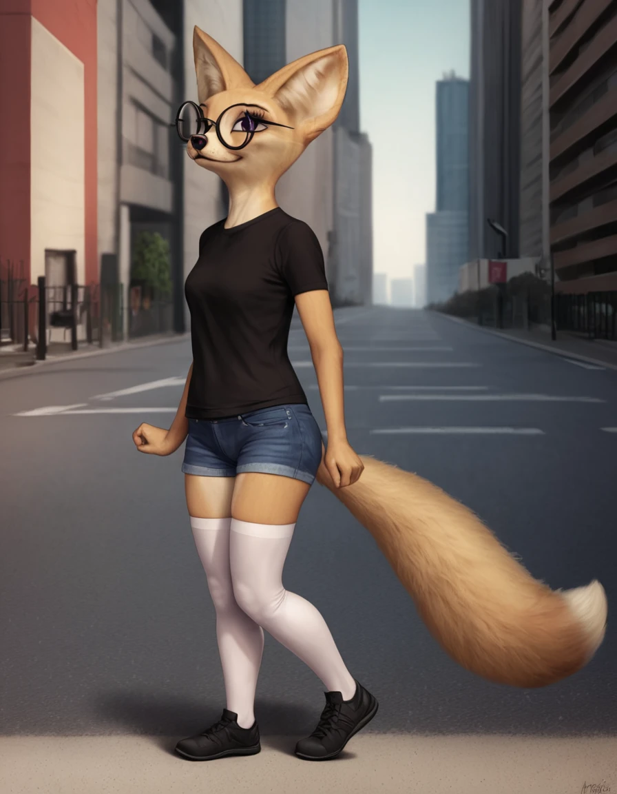 outdoors,detailed background,city,
Kelly,1girl,solo,furry female,animal ears,glasses,black-framed eyewear,round eyewear,animal nose,purple eyes,body fur,tail,realistic,fox ears,snout,fox tail
full body,smile,long eyelashes,standing,
denim shorts,black t-shirt,white thighhighs,sport footwear,
<lora:Kelly_v01_PDXL:1>,