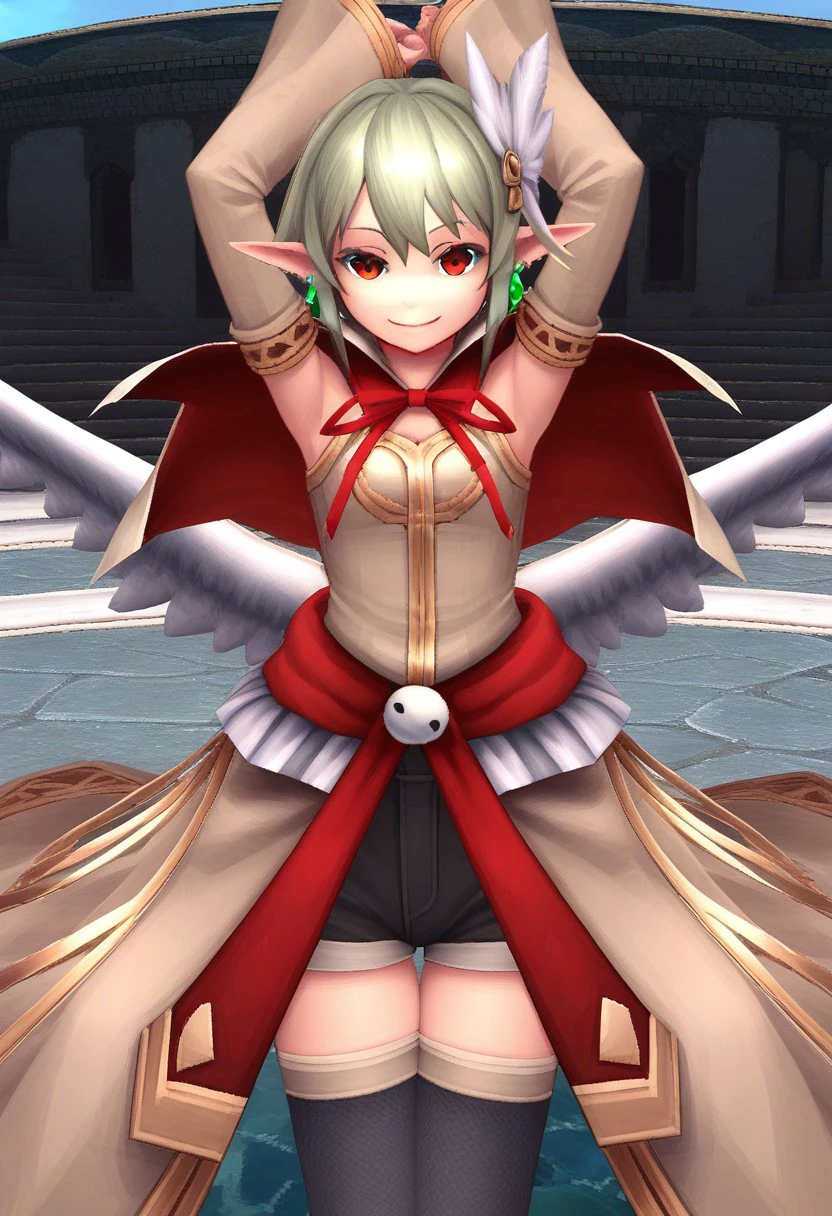 score_9, score_8_up, score_7_up, rating_explicit, BREAK
seele zauga, 1girl, solo, thighhighs, wings, earrings, hair ornament, short hair, red capelet, detached sleeves, brown coat, shorts, neck ribbon,
looking at viewer, smile, arms above head