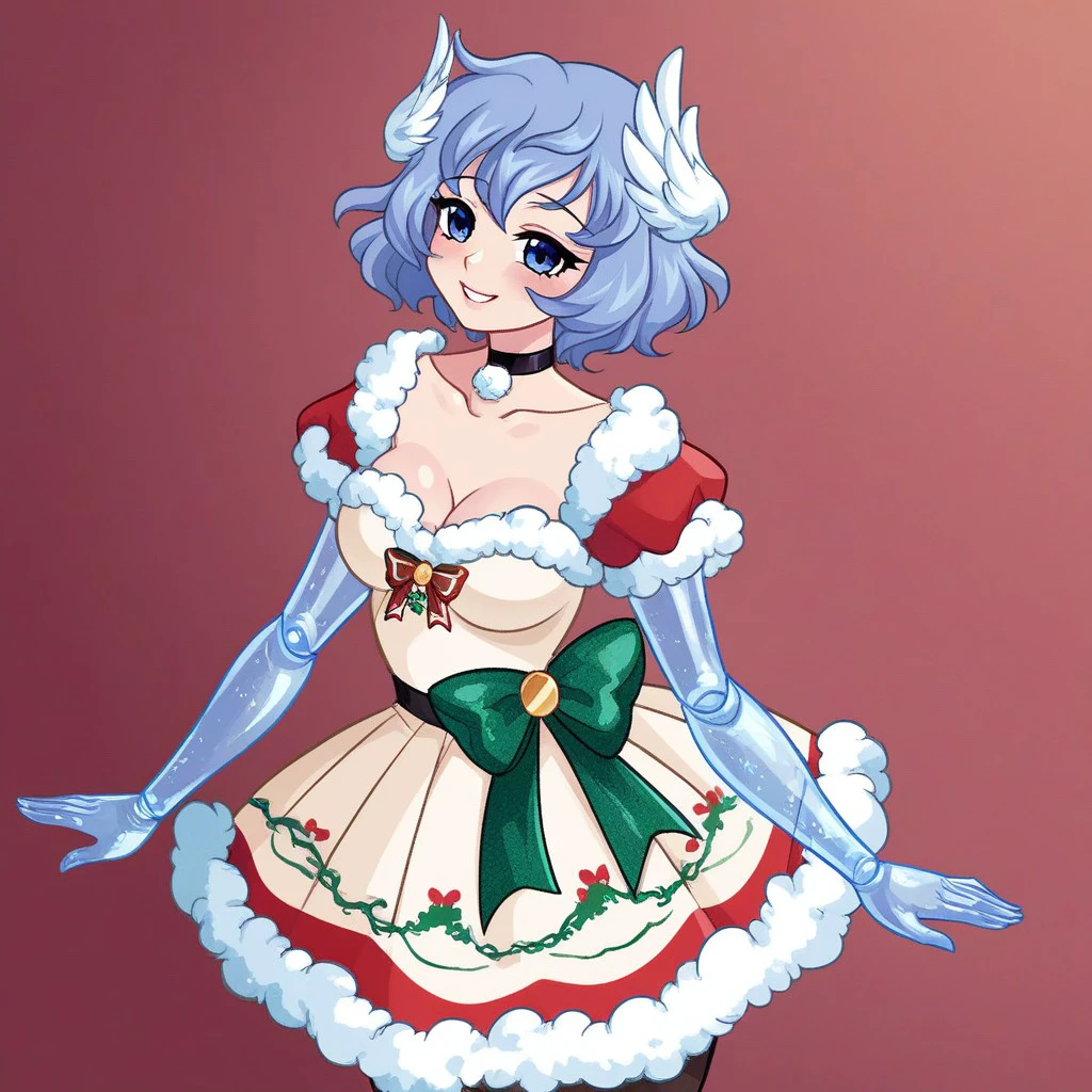 (masterpiece), best quality, expressive eyes, perfect face, score_9, score_8_up, score_7_up, score_6_up, looking at viewer, blush, smile, solo, transparent blue arms, prosthetic arms, gr4c3_cc, Christmas dress, wings hair ornament, detached short sleeves, white dress, fur-trimmed dress, green ribbon, black choker,, <lora:1659fc5f-10ba-49c3-bbf7-8360e323ed32:0.7>