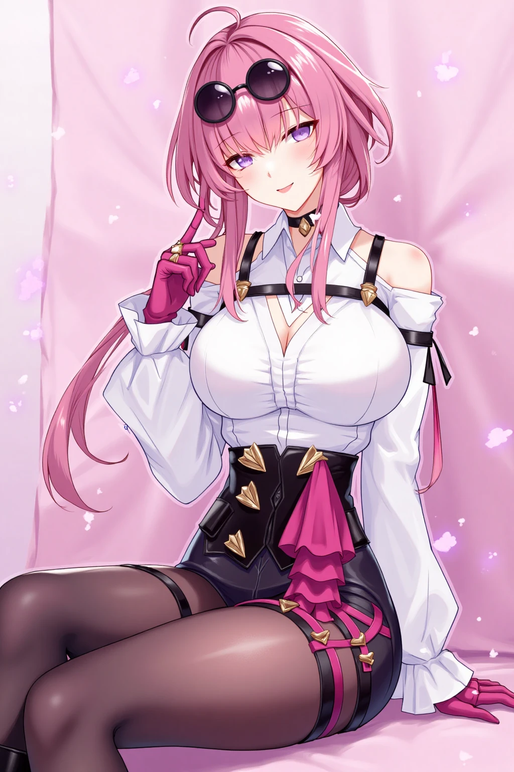 1girl, solo, long hair, breasts, looking at viewer, smile, bangs, shirt, gloves, long sleeves, cleavage, sitting, purple eyes, full body, white shirt, pink hair, pantyhose, boots, choker, black footwear, sunglasses, eyewear on head, pink gloves