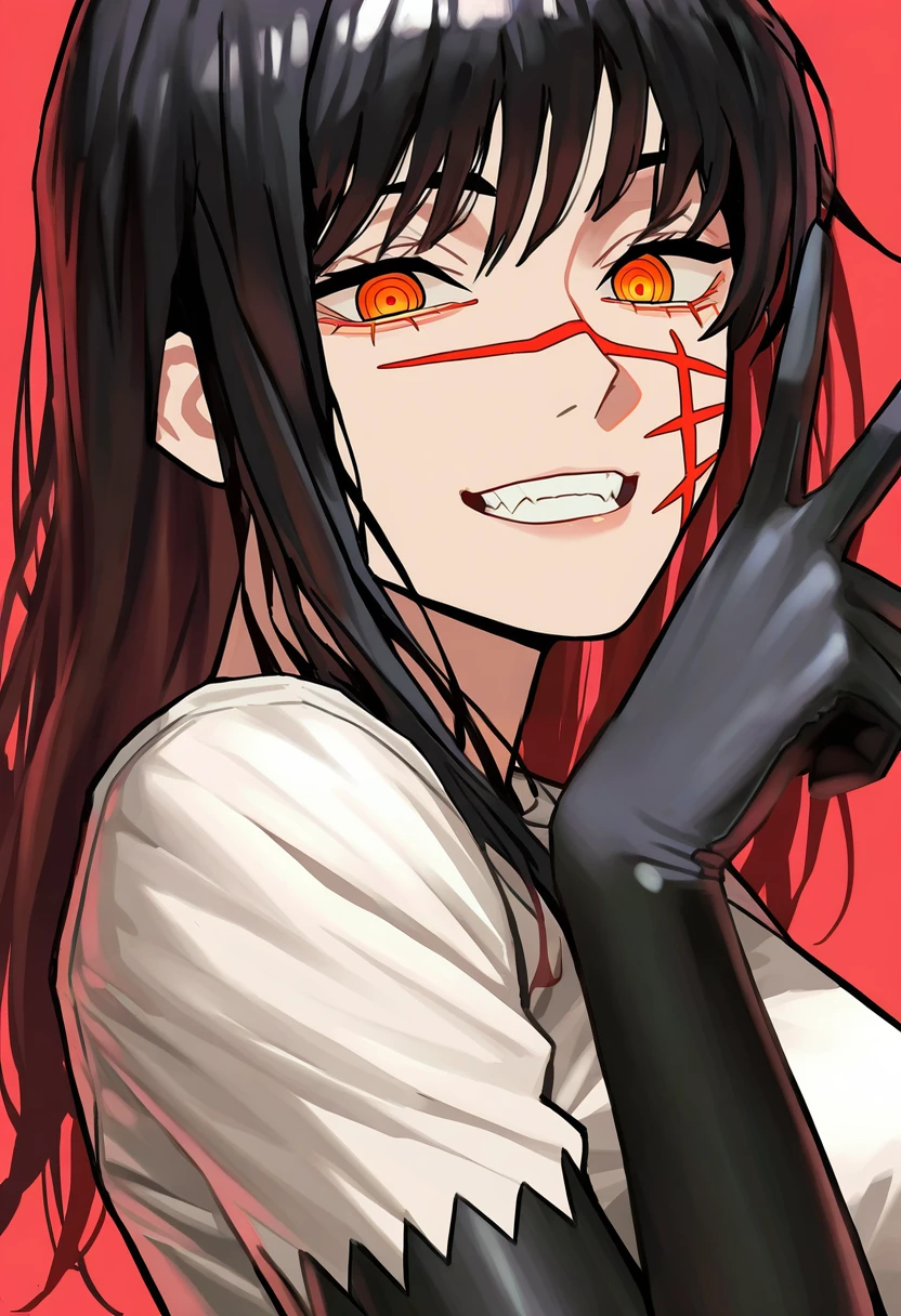 1girl,  <lora:Yoru-000008:1>, yoru \(chainsaw man\), yoru, long hair, black hair, scar on face, red eyes, ringed eyes, black_arm_garter, white_shirt, best quality,amazing quality,very aesthetic,absurdres,beast quality,masterpiece, smiling, portrait, side view, close-up, looking at viewer, dutch angle, v sign