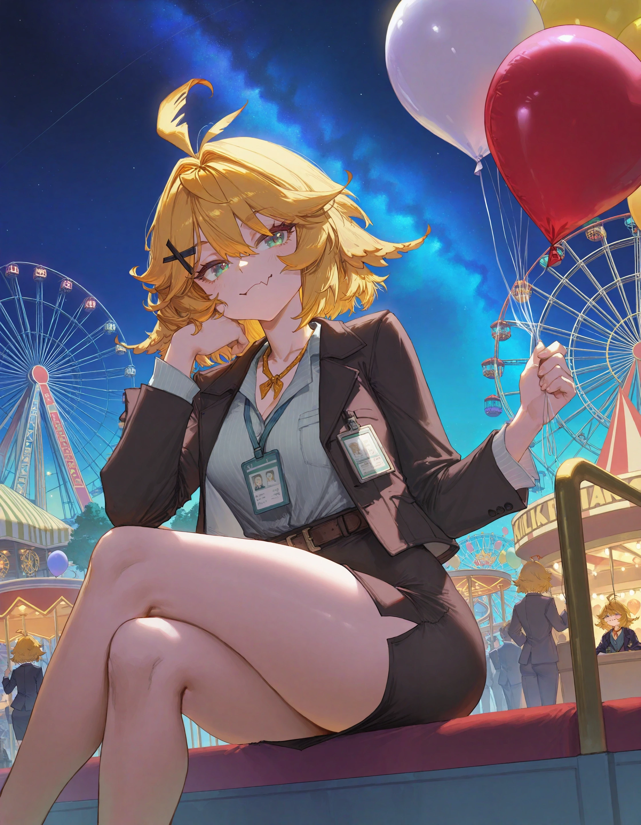 masterpiece,
1girl, dokibrd, skin fang,
office lady, suit, skirt, id card,
amusement park, ferris wheel, sitting, holding balloon, night lights, crossed legs, milky way,
(cutesexyrobutts:0.65), (ciloranko:0.65), (quasarcake:0.65), (yomu \(sgt epper\):0.65), 
<lora:char_dokibird-bounty-ill:1>