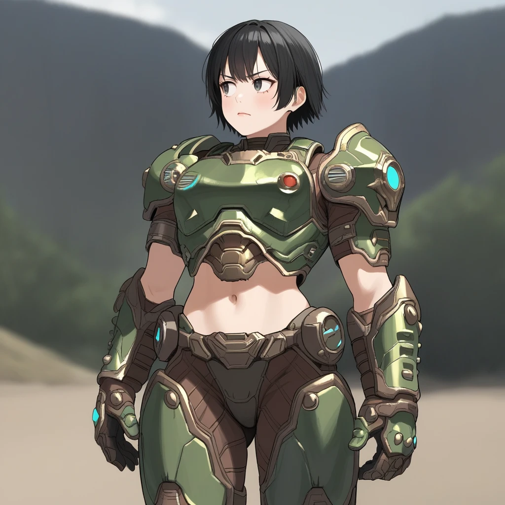 score_9, score_8_up, score_7_up, score_6_up, score_5_up, score_4_up, zPDXL2,source_anime,rating_questionable,  <lora:Doomslayer_Armor:0.7> sl4y3r, power armor, green armor, shoulder armor, outdoors,navel, midriff, short black hair, bangs,looking away